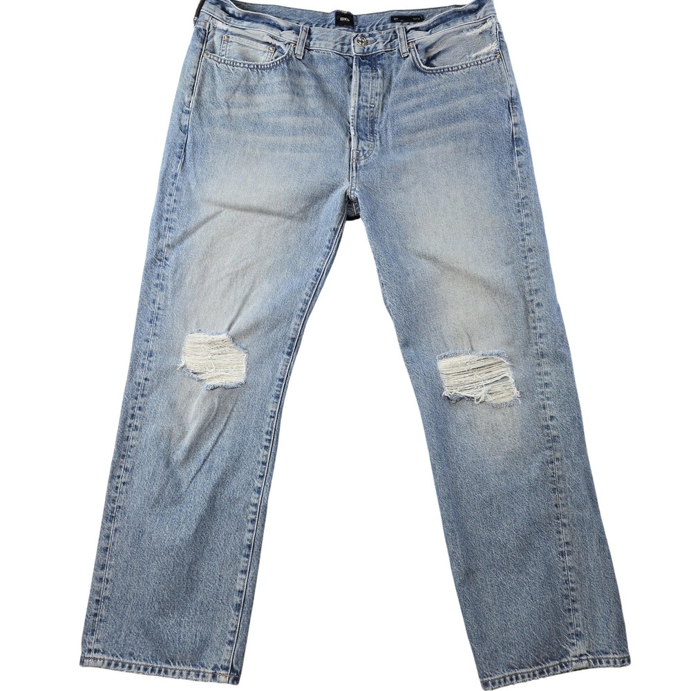 Edwin Jeans Mens 33x27 Blue Straight Relaxed Tash Light Wash Distressed
